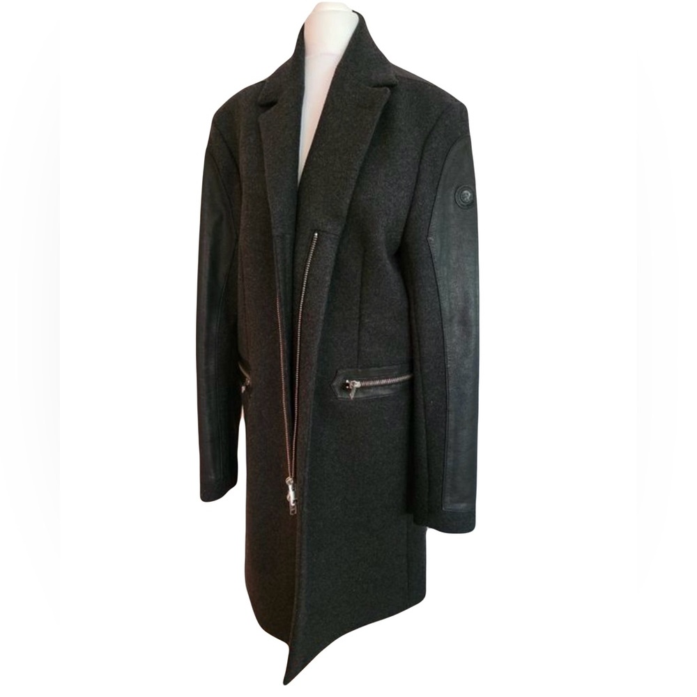 DIESEL Vintage Unisex Overcoat Blazer-Style Black Wool & Leather Coat